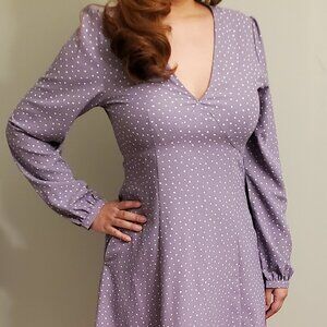 UNIQLO Printed V Neck Long Sleeve Mini Dress Lavender Polka Dot